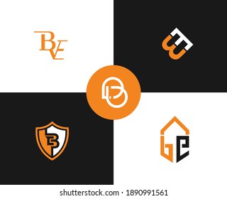 Letters B E, BE joint logo icon with orange, white and black color. 