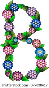 Letters B made of leaves and flowers. Flower capital alphabet. Colorful font. Uppercase. Vector illustration.
