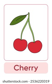 Letters C is for Cherry. Fruit Flashcard printable learn letters Alphabet english for kids education and game activity. Kindergarten and preschool worksheets printable for kids.