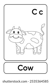 A letra C é para Vaca. Páginas para colorir vacas. Animal Flashcard printable aprender letras Alfabeto abc Inglês para crianças educação e atividade de jogo. Planilhas de jardim de infância e pré-escola imprimíveis para crianças.