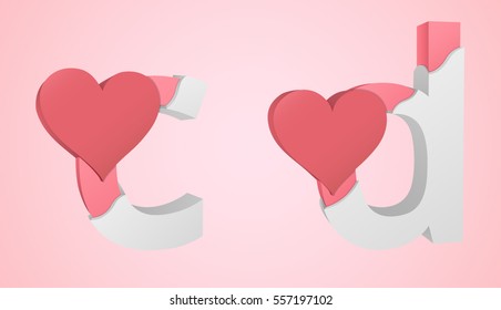 Letters c and d color pink inside the white broken Letters with a big red heart.