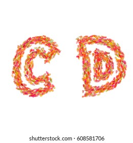 The letters C, D made of autumn leaves.