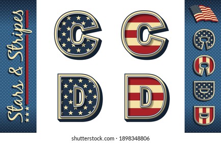 Letters C and D. Stylized vector initials with USA flag elements and colors, isolated on white, with example on dark background.