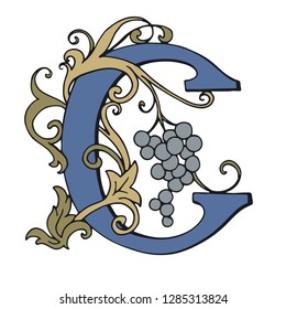 Letters C Drop Caps. Vector hand-drawing letter. Fabulous ornament with a bird.