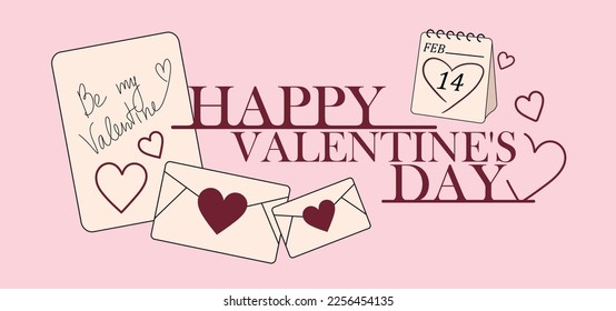 Letters, calendar and text HAPPY VALENTINE'S DAY on pink backgro