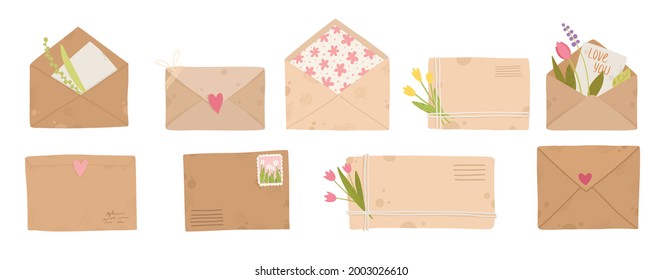 Letters, cards and envelopes. Postcard, paper mail with postmark, wax sealing and postage stamp, note and open handmade envelope, vector set. Illustration letter mail envelope paper.
