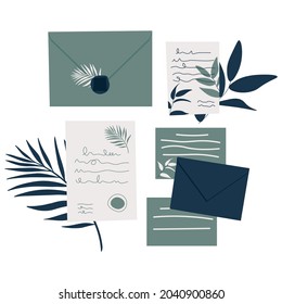 Letters, cards and envelopes. Postcard, paper mail with postmark, wax sealing and postage stamp, note and open handmade envelope, vector set. Illustration letter mail envelope paper