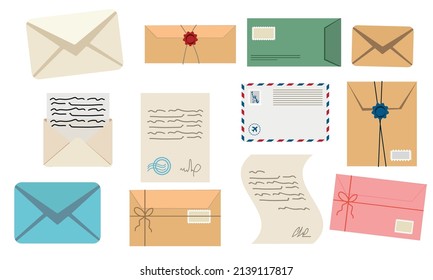 Letters, cards and envelopes. Postcard, paper mail with postmark, wax seal and postage stamp, note and open handmade envelope, vector set. Illustration letter envelope paper.