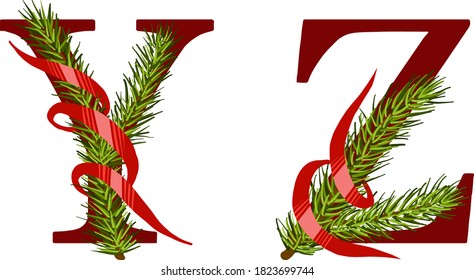 Letters in Christmas style with fir and ribbon
