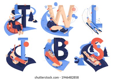 Letters collection for sledding sport activities. T for tubing, W for wok racing, L for luge, I for ice blocking, B for bobsleigh, S for skeleton isolated on white