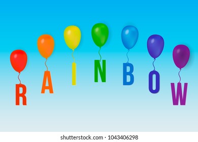 Letters “Rainbow” with colorful balloons on blue sky. Summer background. Vector illustration. Easy to edit design template for your artworks.