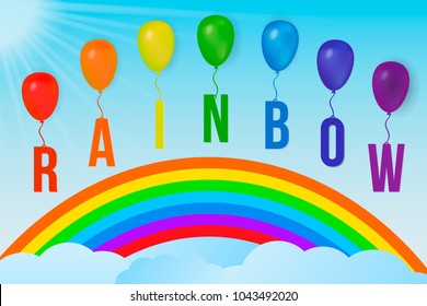 Letters "Rainbowâ"� with colorful balloons and rays of sun on blue sky. Summer or spring background. Vector flat illustration. Easy to edit design template for your artworks.