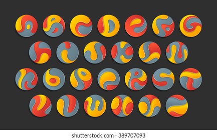 Letters colorful logotypes in round shape. Stylish alphabet circle signs font on dark background.
