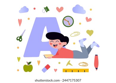 Letters concept with people scene in flat cartoon design. A happy boy is learning the alphabet and memorizing new letters. Vector illustration.