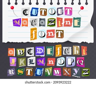 Letters cut and torn from magazine and journal. Blackmail or ransom anonymous note font. Colorful newspaper alphabet. 