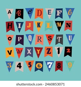 Letters cut and torn from magazine on wrinkled paper background. Design elements for creative typography, scrapbooking, cards and posters. Vector Illustration.