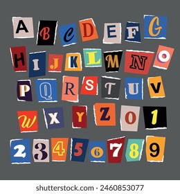 Letters cut and torn from magazine on wrinkled paper background. Design elements for creative typography, scrapbooking, cards and posters. Vector Illustration.