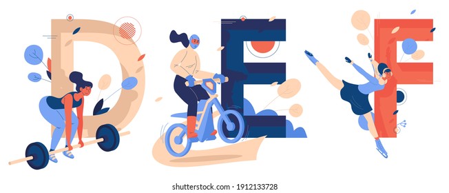 Letters D for deadlifting, E for enduro sport racing, f for figure skating vector collection. Concept illustrations good for logo and school design