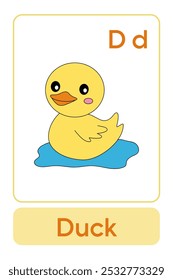 A letra D é para Duck. Animal Flashcard printable aprender letras Alfabeto abc Inglês para crianças educação e atividade de jogo. Planilhas de jardim de infância e pré-escola imprimíveis para crianças.