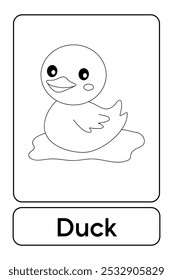 A letra D é para Duck. Páginas de coloração de pato. Cartão de animais para impressão Aprenda letras alfabeto inglês para educação infantil e atividade de jogos. Planilhas de jardim de infância e pré-escola imprimíveis para crianças.