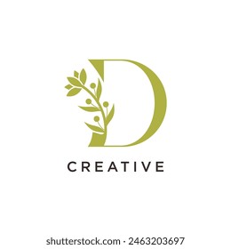 letters D with flowers leaves. Vector illustration for wedding, greeting cards, invitations, beauty icon template design