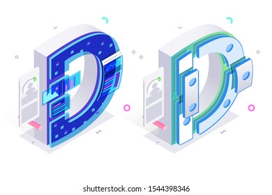 Letters D with graphic charts elements vector illustration. Creative 3d isometric design of alphabet sign with personal data, graph, chart symbols. Internet technology concept