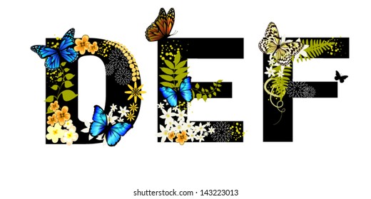 letters decorated with flowers. DEF