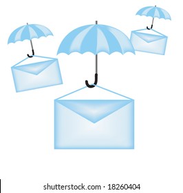 Letters descending on the umbrella against the white background