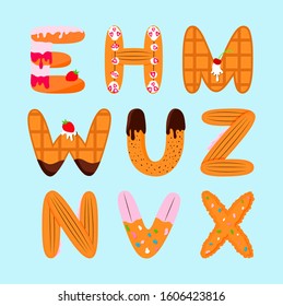 Letters design E, H, M, W, U, Z, N, V, X. Different forms cookies, biscuit, cake, wafer. For graphic design, decoration package kids product Vector illustration Isolated letters on blue Sweet concept