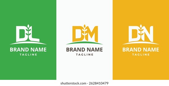Letras DL, DM e DN com culturas em crescimento, agricultura, design de logotipo de fazenda. Letra DL folha logotipo. Ícone inicial da planta de crescimento DM. Símbolo de planta de colheita de monograma DN
