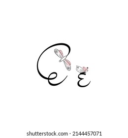 Letters drawn by hand. Letters with flowers. Spring alphabet. Line art. Stylized Letter E. Decorative. Alphabet vector illustration