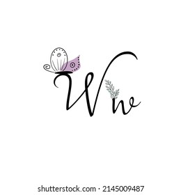 Letters drawn by hand. Letters with flowers. Spring alphabet. Line art. Stylized Letter W. Decorative. Alphabet vector illustration