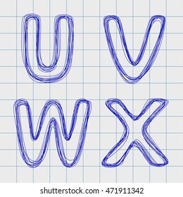Letters drawn on a sheet of notebook  in a cell. Alphabet drawn by hand in a notebook for exercises. Alphabet letters in the form of a plurality of outline. Outline font style. Caps. Easy to edit
