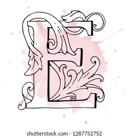 Letters E Drop Caps. Vector hand-drawing letter. Fabulous ornament with a bird. Black outline. Transparent background.