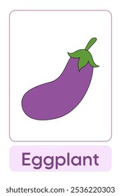 Letters E is for Eggplant. Fruit and Vegetable Flashcard printable learn letters Alphabet english for kids education and game activity. Kindergarten and preschool worksheets printable for kids.