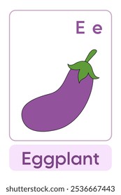 Letters E is for Eggplant. Fruit and Vegetable Flashcard printable learn letters Alphabet english for kids education and game activity. Kindergarten and preschool worksheets printable for kids.