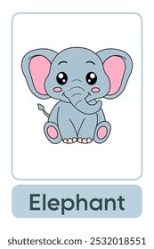 A letra E é de Elefante. Animal Flashcard printable aprender letras Alfabeto abc Inglês para crianças educação e atividade de jogo. Planilhas de jardim de infância e pré-escola imprimíveis para crianças.