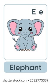 A letra E é de Elefante. Animal Flashcard printable aprender letras Alfabeto abc Inglês para crianças educação e atividade de jogo. Planilhas de jardim de infância e pré-escola imprimíveis para crianças.