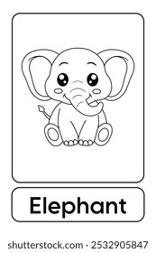 A letra E é de Elefante. Páginas de coloração de elefante. Animal Flashcard printable aprender letras Alfabeto para a educação das crianças e atividade de jogo. Planilhas de jardim de infância e pré-escola imprimíveis para crianças.