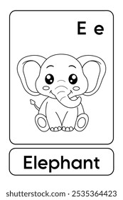 A letra E é de Elefante. Páginas de coloração de elefante. Animal Flashcard printable aprender letras Alfabeto para a educação das crianças e atividade de jogo. Planilhas de jardim de infância e pré-escola imprimíveis para crianças.