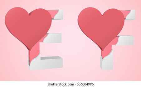 Letters E and F color pink inside the white broken Letters with a big red heart.
