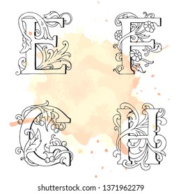 Letters E, F, G, H Drop Caps. Vector hand-drawing letter. Fabulous ornament with a bird, dragon, strawberries and grapes. Black outline. Transparent background. The design of tales.