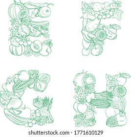 Letters E, F, G, H pattern logo of groceries organic farm fresh fruits and vegetables. Vector illustration logotype. Outline thin line style design. White background