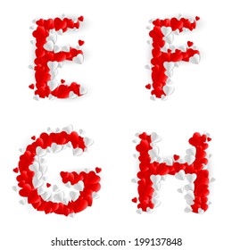 Letters E, F, G, H made of paper hearts