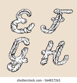 Letters  " E, F, G, H" .Fairy hand drawn  cute font in baroque style. Unique lettering with curls, swirls, scrolls.  Hand written type for cards poster banner print.