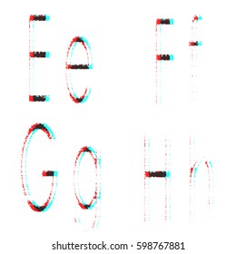 Letters E, F, G, H anaglyph red-blue