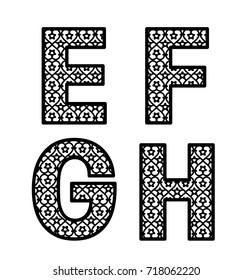 Letters E, F, G, H for laser cutting. Initial monogram letters. Alphabet characters. Decorative paper font template. Vector numeric date for wedding invitation and birthday card.