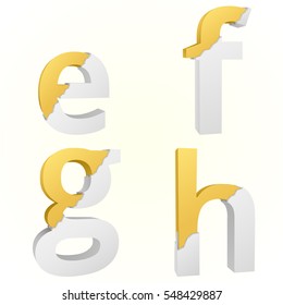 Letters e to h color gold inside the white broken Letters.