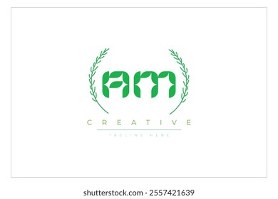 AM letters eco logo with leaf. Fresh nature and healthy leaf logo design.