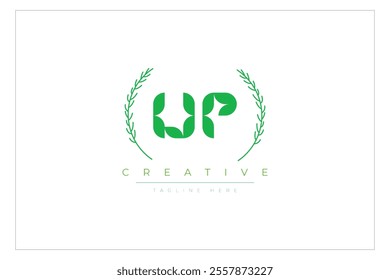 UP letters eco logo with leaf. Fresh nature and healthy leaf logo design.